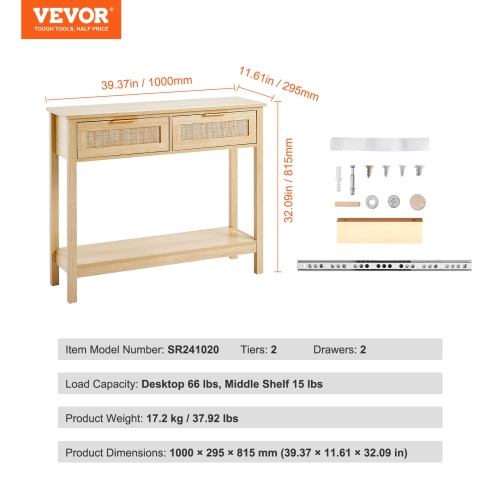 VEVOR Rattan Console Table with 2 Storage Drawers, Rattan Entryway Table with Natural Rattan Sliding Door, Console Sofa Table fay Or TV Wall, Natural