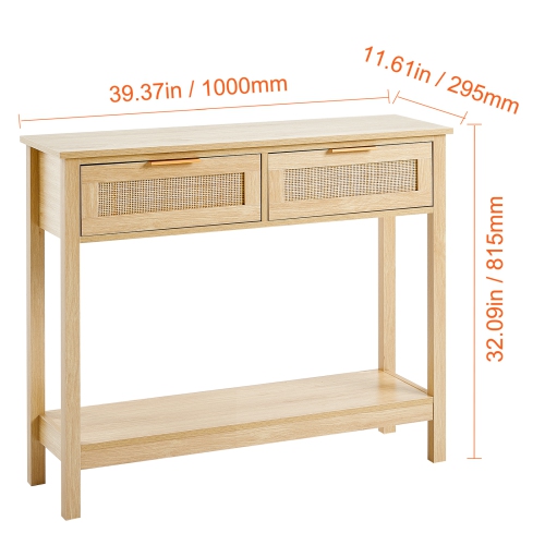 VEVOR Rattan Console Table with 2 Storage Drawers, Rattan Entryway Table with Natural Rattan Sliding Door, Console Sofa Table fay Or TV Wall, Natural