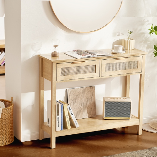 VEVOR Rattan Console Table with 2 Storage Drawers, Rattan Entryway Table with Natural Rattan Sliding Door, Console Sofa Table fay Or TV Wall, Natural