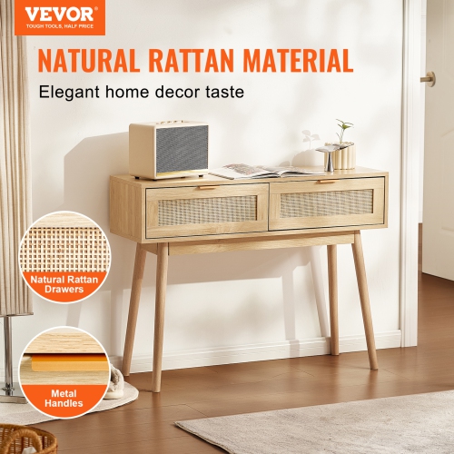 VEVOR Rattan Console Table with 2 Storage Drawers, Rattan Entryway Table with Natural Rattan Sliding Door, Console Sofa Table