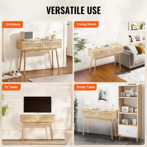 VEVOR Rattan Console Table with 2 Storage Drawers, Rattan Entryway Table with Natural Rattan Sliding Door, Console Sofa Table