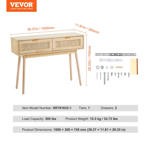 VEVOR Rattan Console Table with 2 Storage Drawers, Rattan Entryway Table with Natural Rattan Sliding Door, Console Sofa Table