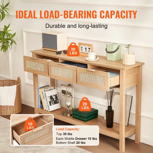 VEVOR Rattan Console Table with 3 Storage Drawers, Rattan Entryway Table with Natural Rattan Sliding Door, Console Sofa Table