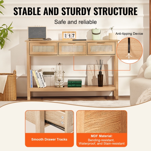 VEVOR Rattan Console Table with 3 Storage Drawers, Rattan Entryway Table with Natural Rattan Sliding Door, Console Sofa Table