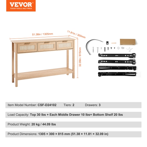 VEVOR Rattan Console Table with 3 Storage Drawers, Rattan Entryway Table with Natural Rattan Sliding Door, Console Sofa Table