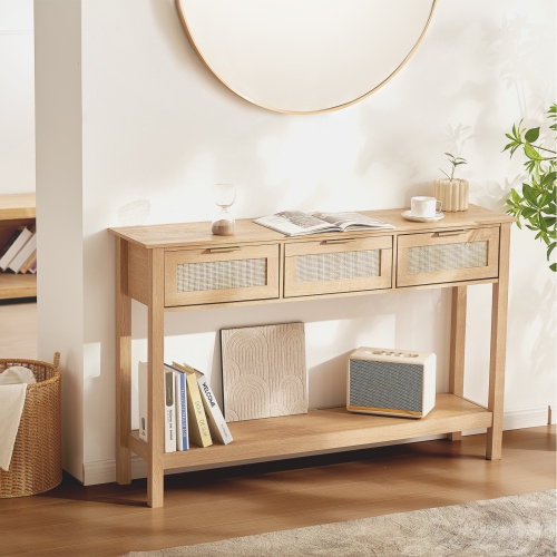VEVOR Rattan Console Table with 3 Storage Drawers, Rattan Entryway Table with Natural Rattan Sliding Door, Console Sofa Table
