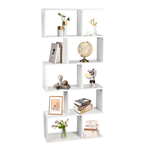 MOUSTACHE  5-Tier Geometric Bookcase, Wooden S-Shaped Book Shelves Unit With Anti-Collapse Device Design