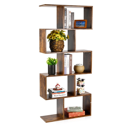MOUSTACHE  5-Tier Geometric Bookcase, Wooden S-Shaped Book Shelves Unit With Anti-Collapse Device Design