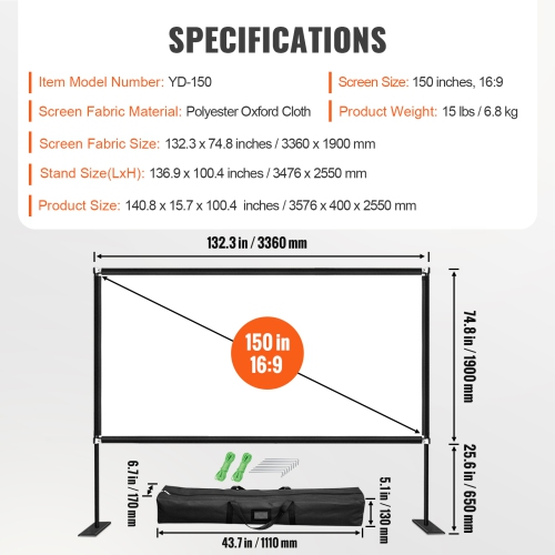 VEVOR Projector Screen with Stand 150inch Portable Movie Screen 16:9 4K HD Wide Angle Outdoor Projector Screen Stand Easy