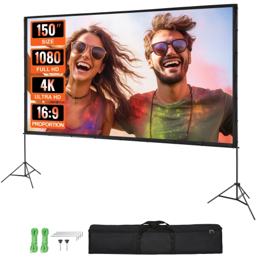 VEVOR Projector Screen with Stand, 150 inch 16:9 4K 1080 HD Outdoor Movie Screen with Stand, Wrinkle-Free Projection Screen me