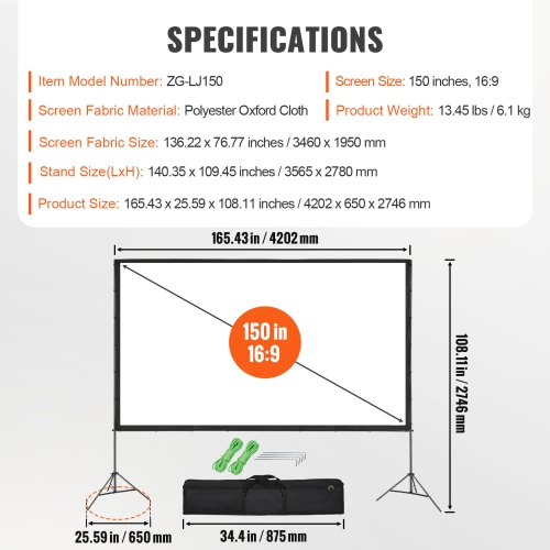 VEVOR Projector Screen with Stand, 150 inch 16:9 4K 1080 HD Outdoor Movie Screen with Stand, Wrinkle-Free Projection Screen me