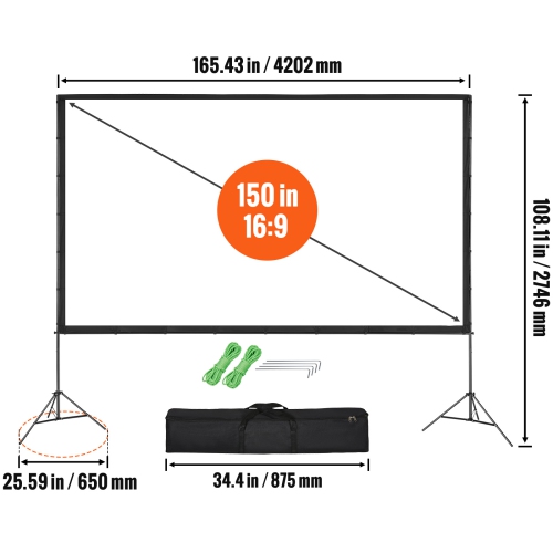 VEVOR Projector Screen with Stand, 150 inch 16:9 4K 1080 HD Outdoor Movie Screen with Stand, Wrinkle-Free Projection Screen me