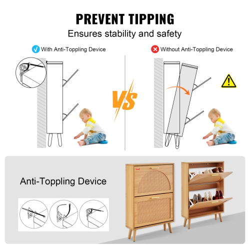 Armoire à chaussures VEVOR avec 2 tiroirs rabattables, armoire de rangement à chaussures pour entrée, range-chaussures autonome avec portes en rotin