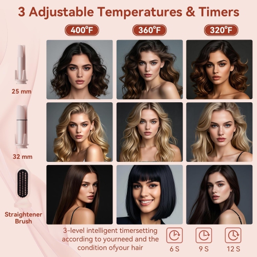 Outil multifonction 3 en 1 à chaud, fers à friser automatiques avec 2 brosse à lisser en céramique, fer à friser et peigne à lisser
