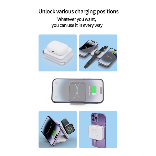 Tapis de chargement sans fil 3-EN-1; Support pliable pour iPhone 15 14 13 12; Station de recharge rapide Macsafe pour Apple Watch AirPods