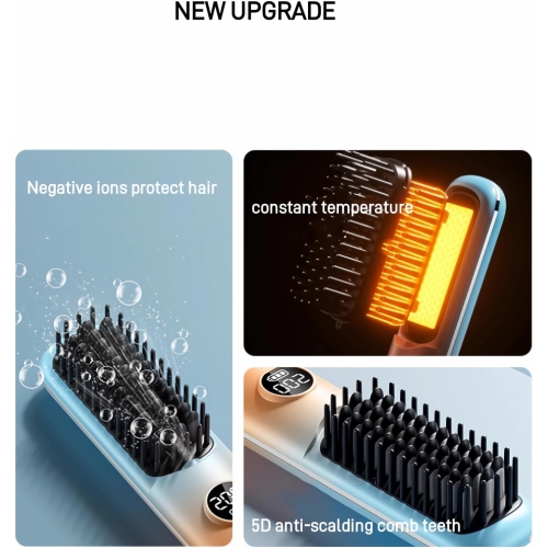 Cordless Hair Straightener, Portable Mini Heated Curling Comb with 5 Temperature Settings for Home & Travel