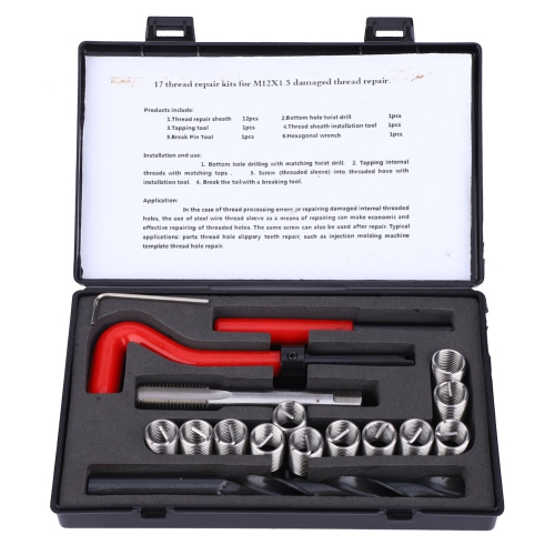 17 pièces d'insertion filetée M12x1.5 Kit d'accessoires pour la réparation de filetage femelle