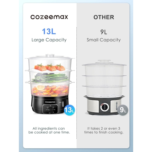 Cozeemax 3-Tier Electric Food Steamer – 13.7QT Vegetable Steamer with 60-Minute Timer, BPA-Free Baskets, 800W for Fast & Efficient Cooking
