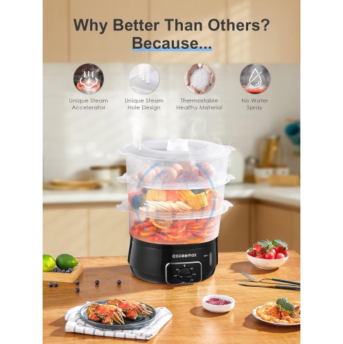 Cozeemax 3-Tier Electric Food Steamer – 13.7QT Vegetable Steamer with 60-Minute Timer, BPA-Free Baskets, 800W for Fast & Efficient Cooking