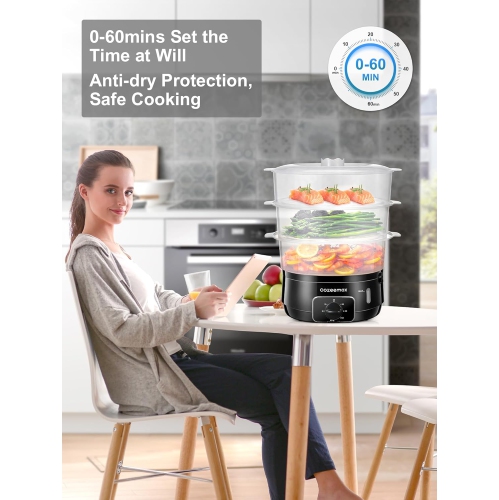 Cozeemax 3-Tier Electric Food Steamer – 13.7QT Vegetable Steamer with 60-Minute Timer, BPA-Free Baskets, 800W for Fast & Efficient Cooking