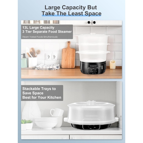 Cozeemax 3-Tier Electric Food Steamer – 13.7QT Vegetable Steamer with 60-Minute Timer, BPA-Free Baskets, 800W for Fast & Efficient Cooking