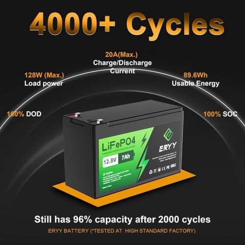 ERYY Lithium Battery 12V 25AH, 4000+ Deep Cycles Rechargeable Battery with BMS, Lithium Iron Phosphate for Solar, Fish Finder, Power Wheel Ride-on Toy