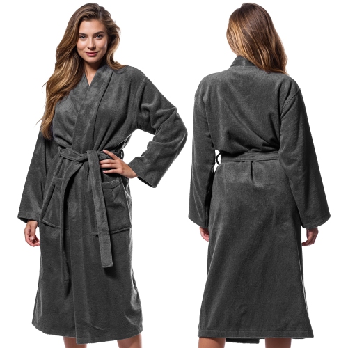 Canadian Linen Luxury Velour Kimono Bathrobes for Women Shower Bath Soft Absorbent Cotton Spa Soft Plush for Resorts Hotel Salon,Medium, Charcoal Grey
