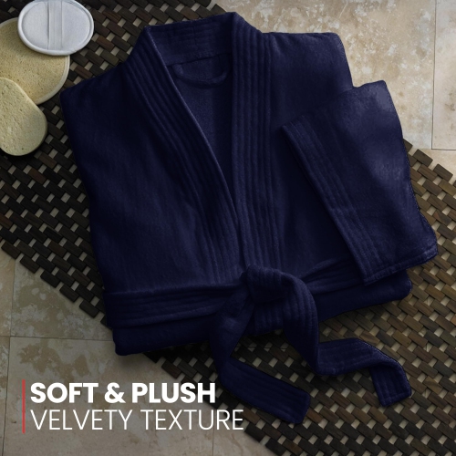 Canadian Linen Luxury Velour Soft Absorbent Cotton Kimono Women Bathrobes Bath Shower Soft Plush for Hotel Spa Massage Resorts Robes, Large, Navy Blue