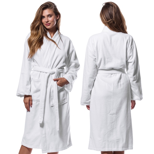 Canadian Linen Luxury Velour Cotton Bathrobes for Women Kimono Spa Bathrobes Shower Bath Soft Plush for Hotel Salon Resorts Lounge Robes, Large, White