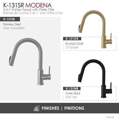 Modena Single Handle Brushed Stainless Steel Pull Down Kitchen Faucet with Reversible Osmosis