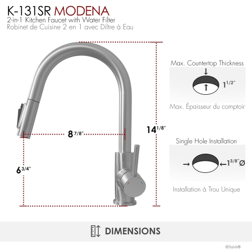 Modena Single Handle Brushed Stainless Steel Pull Down Kitchen Faucet with Reversible Osmosis