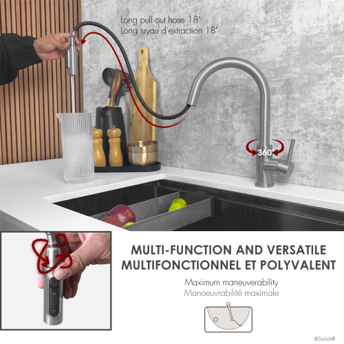 Modena Single Handle Brushed Stainless Steel Pull Down Kitchen Faucet with Reversible Osmosis