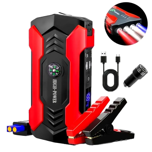 3000A Car Jump Starter with Portable Charger, LED Light, Safety Hammer, Tire Inflator, Digital Display & Nozzle Adapters
