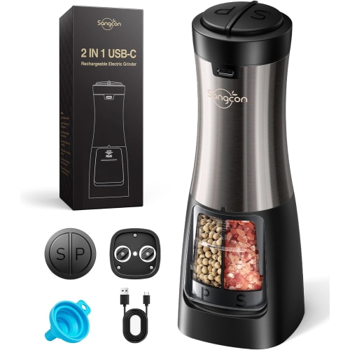 Sangcon 2-in-1 Electric Salt and Pepper Grinder Set Shaker, USB Rechargeable Dual Chamber Pepper Mill with Dual Adjustable Coarseness, LED Light, and