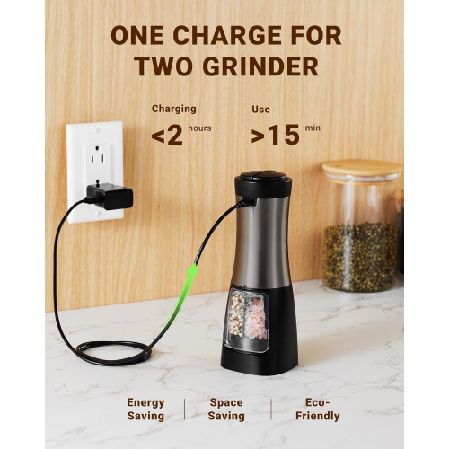 Sangcon 2-in-1 Electric Salt and Pepper Grinder Set Shaker, USB Rechargeable Dual Chamber Pepper Mill with Dual Adjustable Coarseness, LED Light, and