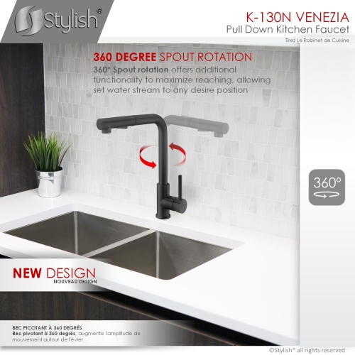 STYLISH Kitchen Sink Faucet Single Handle Pull Down Dual Mode Stainless Steel, Matte Black Finish K-130N