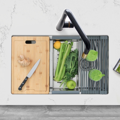 STYLISH 30 inch Workstation Single Bowl Undermount 16 Gauge Stainless Steel Kitchen Sink w/ Built in Accessories