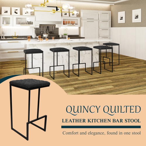 LeisureMod Quincy Leather Bar Stools With Metal Frame Set of 2