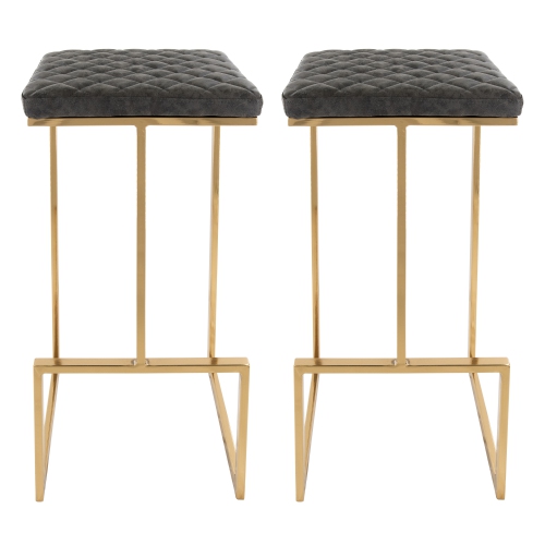 LeisureMod Quincy Leather Bar Stools With Gold Metal Frame Set of 2