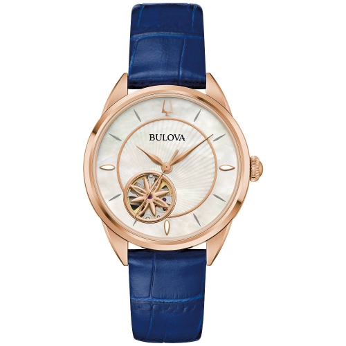 Image 1 of 3.. Bulova Ladies Sutton Automatic Watch 34.5mm Rose Gold-Tone Stainless Steel Case Navy Leather Strap with White Mother-of-Pearl Dial