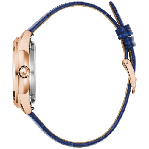Montre automatique pour femmes Sutton de Bulova 34,5 mm avec boîtier en inox rose doré bracelet en cuir bleu marine et cadran nacré blanc