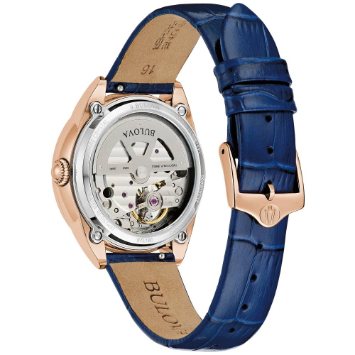 Montre automatique pour femmes Sutton de Bulova 34,5 mm avec boîtier en inox rose doré bracelet en cuir bleu marine et cadran nacré blanc