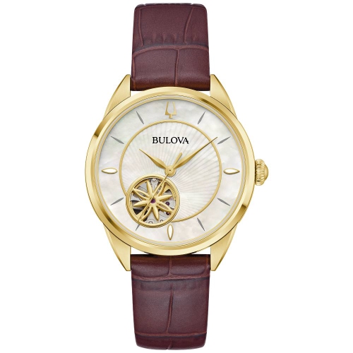 Montre automatique pour femmes Sutton de Bulova 34,5&nbsp;mm avec boîtier inox doré bracelet cuir brun et cadran nacré blanc