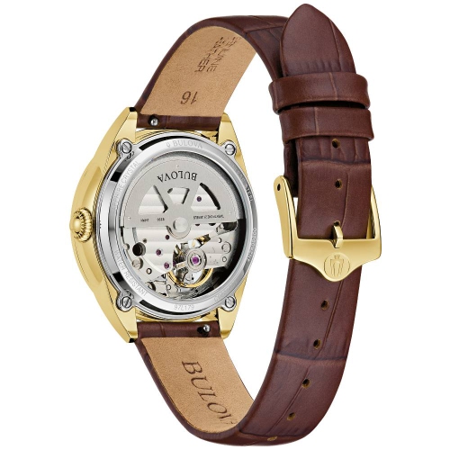 Montre automatique pour femmes Sutton de Bulova 34,5 mm avec boîtier inox doré bracelet cuir brun et cadran nacré blanc