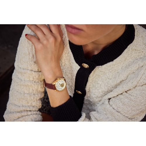 Montre automatique pour femmes Sutton de Bulova 34,5 mm avec boîtier inox doré bracelet cuir brun et cadran nacré blanc