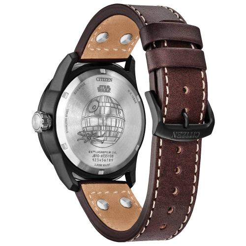 Star Wars Mens Tie Fighter and X Wing Eco-Drive Watch 45mm Black Stainless Steel Case Brown Leather Strap with Black Dial