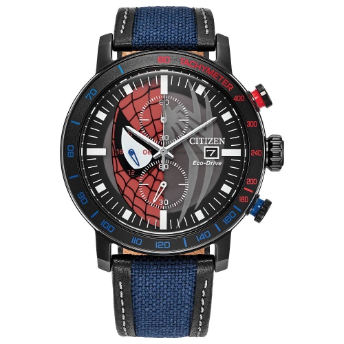 Marvel Mens Spider-Man Double Vision Boxed Set Eco-Drive 44mm Black Stainless Steel Case Blue Nylon & Leather Strap with Red and Grey Dial