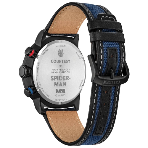 Marvel Mens Spider-Man Double Vision Boxed Set Eco-Drive 44mm Black Stainless Steel Case Blue Nylon & Leather Strap with Red and Grey Dial