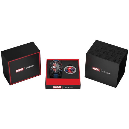 Marvel Mens Spider-Man Double Vision Boxed Set Eco-Drive 44mm Black Stainless Steel Case Blue Nylon & Leather Strap with Red and Grey Dial
