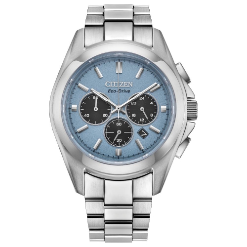 Montre sport de luxe écologique pour hommes 40,5&nbsp;mm de Citizen boîtier et bracelet en inox argenté, cadran bleu clair